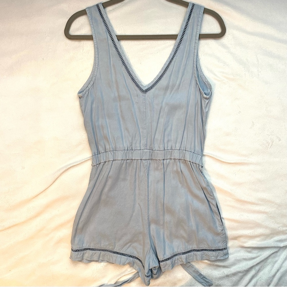 Bella Dahl Crossover V-neck Tie-Waist Sleeveless Romper XS pockets blue summer - Picture 2 of 8